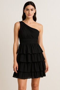 Max & Cleo Size 4 Black One Shoulder Tiered Ruffle Mini Dress Pleated Cocktail
